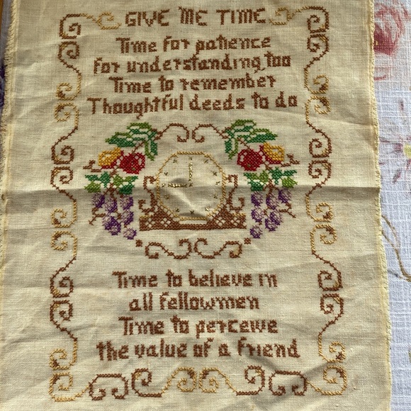 Antique vintage embroidery/stitchery give me time poem on the front with a clock - Picture 12 of 12